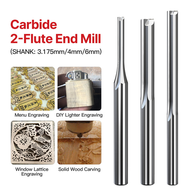 HUHAO 3.175mm 4mm 6mm Shank Straight Slot 2 Flute Milling Cutter Carbide Steel End Mill CNC Wood Router Bit Engraving Bit Tools