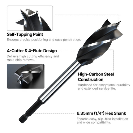 HUHAO 10mm-35mm Twist Drill Bit Set 6.35mm Shank Wood Fast Cut Auger Drill Bits Long Four Slot Carbide Woodworking Slotting Tool