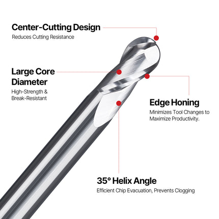 Carbide 2 Flute Ball Nose End Mill for Aluminum HRC55
