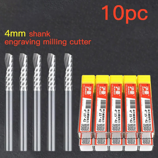 HAHAO 10PC 4mm Carbide Alloy Cutter CNC Milling Cutter 1 Flute Left Spiral Router Bits Wood Engraving Woodworking Tools