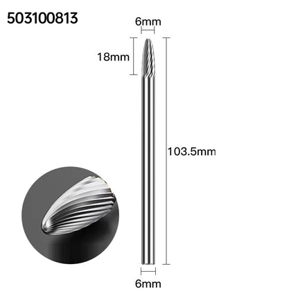 Extended Length Carbide Rotary Burr, 100mm Overall Length, 6mm Shank