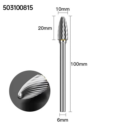 Extended Length Carbide Rotary Burr, 100mm Overall Length, 6mm Shank