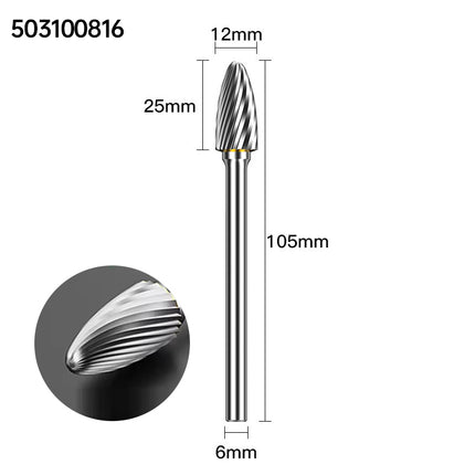 Extended Length Carbide Rotary Burr, 100mm Overall Length, 6mm Shank