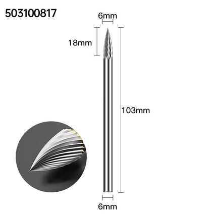 Extended Length Carbide Rotary Burr, 100mm Overall Length, 6mm Shank