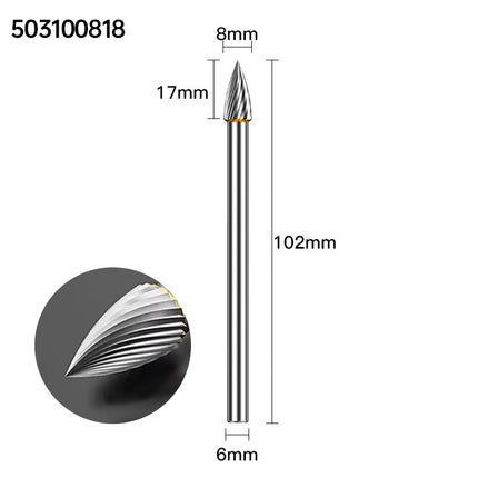 Extended Length Carbide Rotary Burr, 100mm Overall Length, 6mm Shank