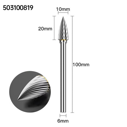 Extended Length Carbide Rotary Burr, 100mm Overall Length, 6mm Shank