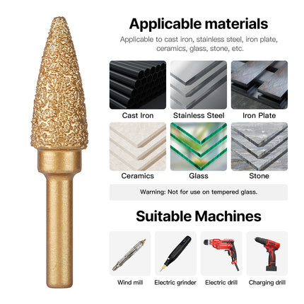 Rotary File Iron Steel Burr 3PCS 6mm Diamond Grinding Head 60mm Long Polish Bit for Engraving Polishing Stone Rotary Tools