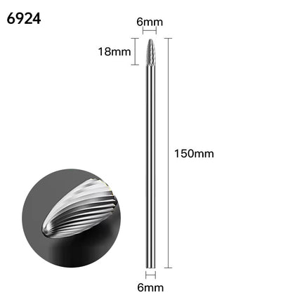 Extended Length Carbide Rotary Burr, 150mm Overall Length, 6mm Shank