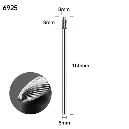 Extended Length Carbide Rotary Burr, 150mm Overall Length, 6mm Shank