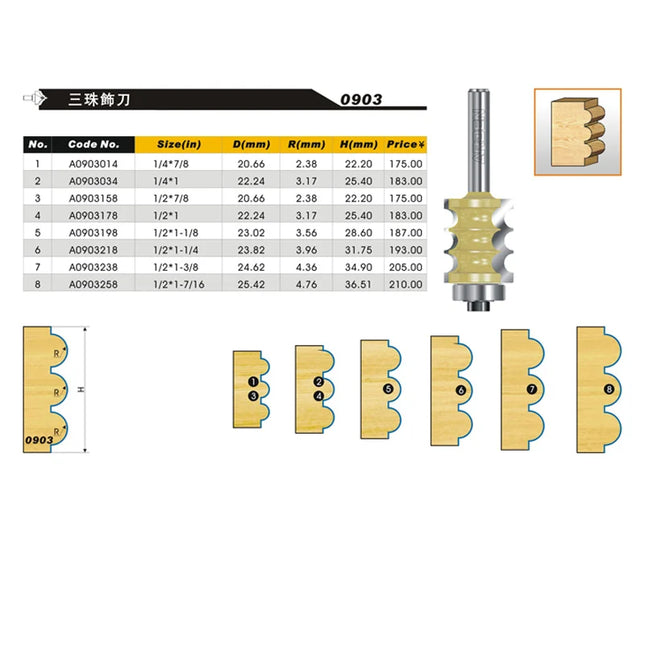 Arden Triple Bead Router Bit Woodworking Tool Multi Reed Bits