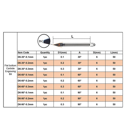 1pc Flat bottom Carbide PCB Engraving Bit 6 0.3mm 0.2mm,0.1mm Router Tool for brass steel stainless steel German rod