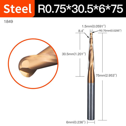 HUHAO 6mm Shank 2 Flutes Carbide Spiral Tapered Ball Nose End Mill HRC55 Router Bit for Metal Wood CNC 2D 3D Carving Bits Tools