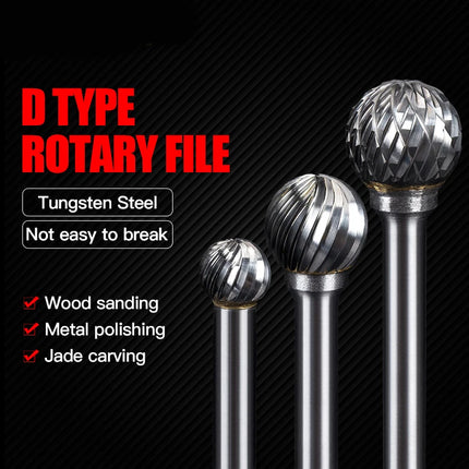 HUHAO D Type Carbide Steel Rotary File Double Groove Grinding Head End Mill Metal Wood Round Ball Type Carving Milling Cutter Burr