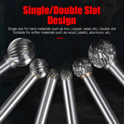 HUHAO D Type Carbide Steel Rotary File Double Groove Grinding Head End Mill Metal Wood Round Ball Type Carving Milling Cutter Burr
