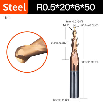 HUHAO 6mm Shank 2 Flutes Carbide Spiral Tapered Ball Nose End Mill HRC55 Router Bit for Metal Wood CNC 2D 3D Carving Bits Tools