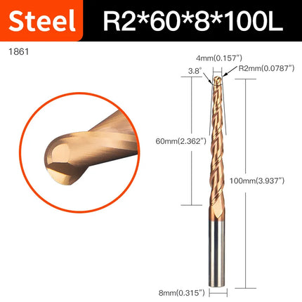 HUHAO 6mm Shank 2 Flutes Carbide Spiral Tapered Ball Nose End Mill HRC55 Router Bit for Metal Wood CNC 2D 3D Carving Bits Tools