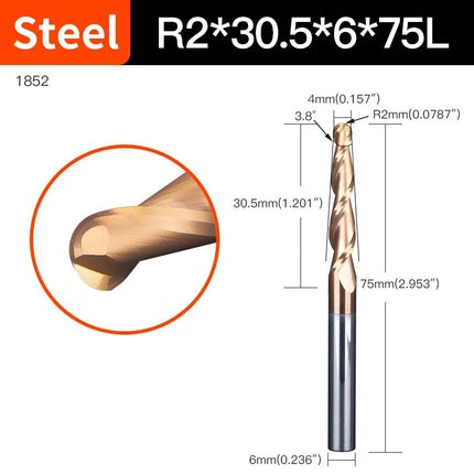 HUHAO 6mm Shank 2 Flutes Carbide Spiral Tapered Ball Nose End Mill HRC55 Router Bit for Metal Wood CNC 2D 3D Carving Bits Tools