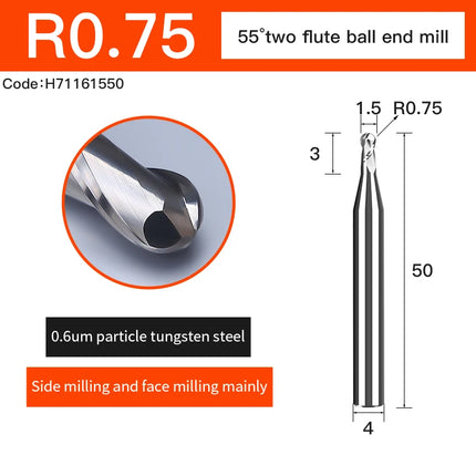 Carbide 2 Flute Ball Nose End Mill for Aluminum HRC55