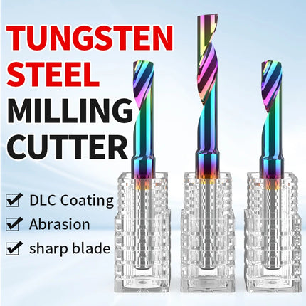 HUHAO 3.175 4 6 8mm Single Flute End Mill HRC70 Aluminum Spiral Router Bit DLC Coating Carbide Steel CNC Solid Milling Cutter