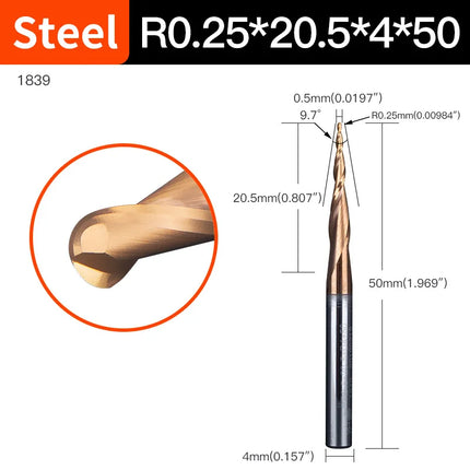 HUHAO 6mm Shank 2 Flutes Carbide Spiral Tapered Ball Nose End Mill HRC55 Router Bit for Metal Wood CNC 2D 3D Carving Bits Tools
