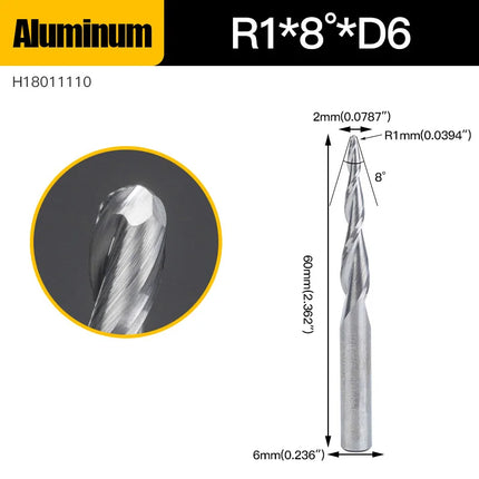 HUHAO 6mm Ball Nose Tapered End Mill Wood Solid Carbide Steel Milling Cutter for Woodworking Metal CNC Router Bit Engraving Tool