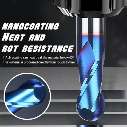 HUHAO 6mm Shank Ball Nose End Mill Nano Blue Coated 2 Flutes Carbide Router Bit HRC65 CNC Milling Cutter Spiral Flat CNC Tools