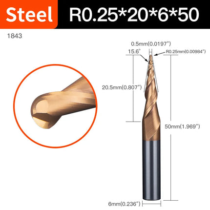 HUHAO 6mm Shank 2 Flutes Carbide Spiral Tapered Ball Nose End Mill HRC55 Router Bit for Metal Wood CNC 2D 3D Carving Bits Tools