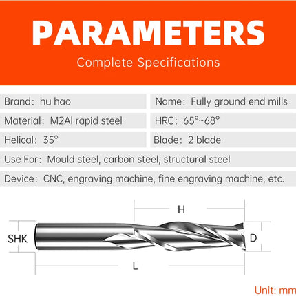 HUHAO 2PCS HRC65 Milling Cutter 2 Flute Straight Shank CNC Router Bit 4 6 8 20mm CNC Tools End Mill for Aluminum Stainless Metal
