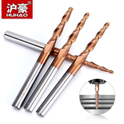 HUHAO 6mm Shank 2 Flutes Carbide Spiral Tapered Ball Nose End Mill HRC55 Router Bit for Metal Wood CNC 2D 3D Carving Bits Tools