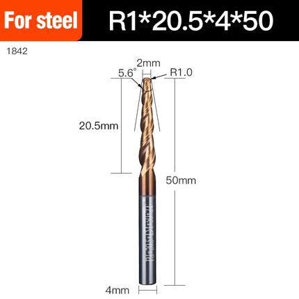HUHAO Spiral Ball Nose Tapered End Mill Engraving Bit HRC55 CNC End Mill 4mm 6mm 8mm 3D Carving Bits Wood Metal Tools