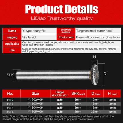 HUHAO Y Type Carbide Rotary File for Steel Grinding Head Milling Cutter Y Type 90 degree Disc 6mm Shank Single Groove Engraving Tool Burr