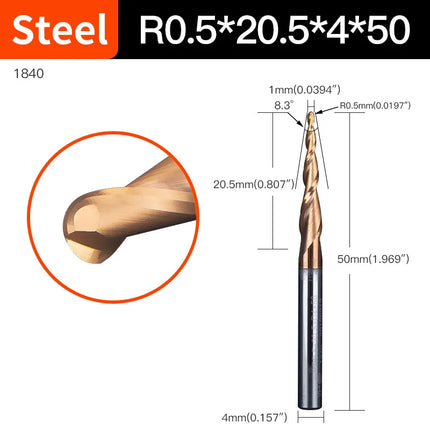 HUHAO 6mm Shank 2 Flutes Carbide Spiral Tapered Ball Nose End Mill HRC55 Router Bit for Metal Wood CNC 2D 3D Carving Bits Tools