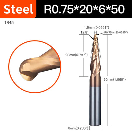 HUHAO 6mm Shank 2 Flutes Carbide Spiral Tapered Ball Nose End Mill HRC55 Router Bit for Metal Wood CNC 2D 3D Carving Bits Tools