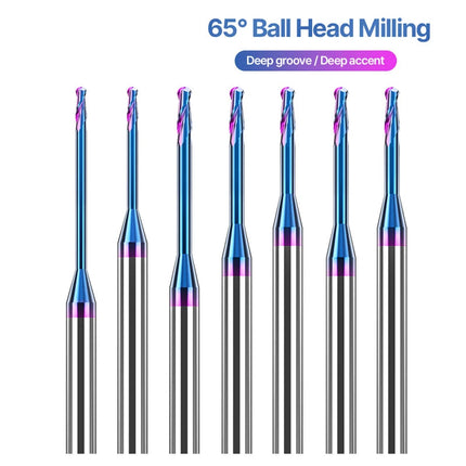 HUHAO 65° Small Diameter Ball Head Milling Cutter 2 Flute Router Bit HRC65 Small Long Neck End Mill Carbide CNC Cutting Tools