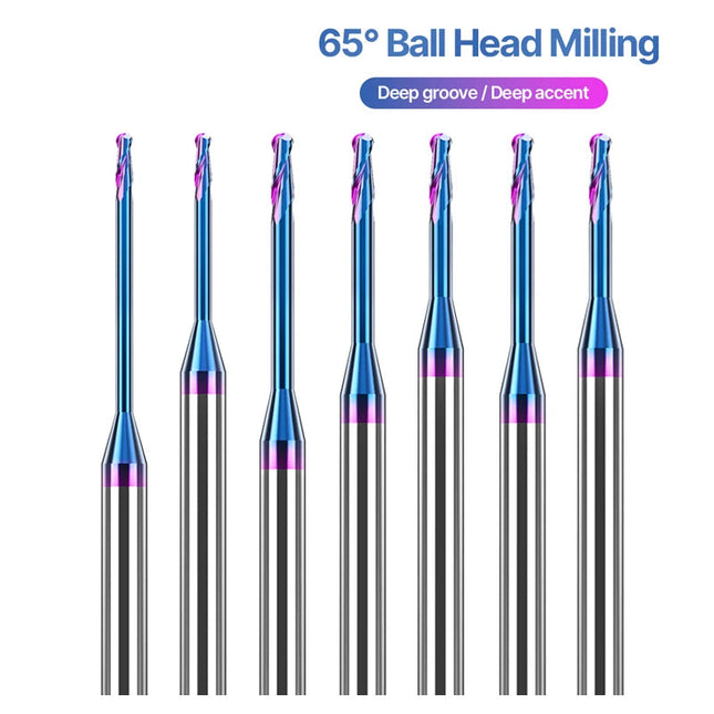 HUHAO 65° Small Diameter Ball Head Milling Cutter 2 Flute Router Bit HRC65 Small Long Neck End Mill Carbide CNC Cutting Tools