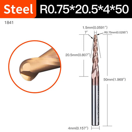 HUHAO 6mm Shank 2 Flutes Carbide Spiral Tapered Ball Nose End Mill HRC55 Router Bit for Metal Wood CNC 2D 3D Carving Bits Tools