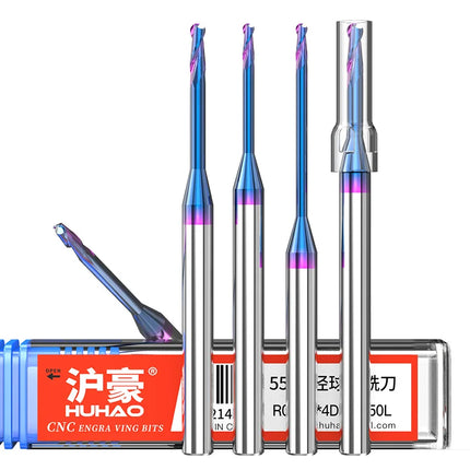 HUHAO 65° Small Diameter Ball Head Milling Cutter 2 Flute Router Bit HRC65 Small Long Neck End Mill Carbide CNC Cutting Tools