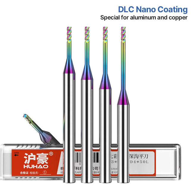HUHAO 3 Flutes Colorful Deep Groove Milling Cutter 4mm Shank DLC Coating Router Bit Carbide CNC Endmill Tool for Aluminum Copper