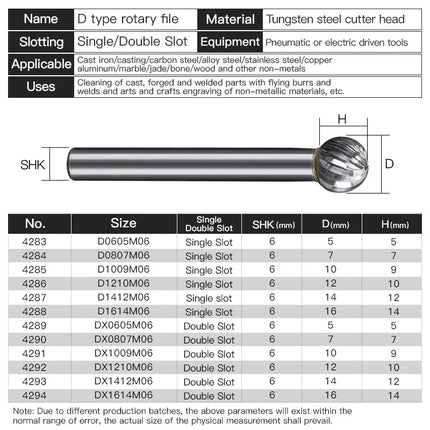 HUHAO D Type Carbide Steel Rotary File Double Groove Grinding Head End Mill Metal Wood Round Ball Type Carving Milling Cutter Burr