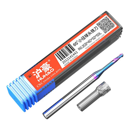 HUHAO 65° Small Diameter Ball Head Milling Cutter 2 Flute Router Bit HRC65 Small Long Neck End Mill Carbide CNC Cutting Tools