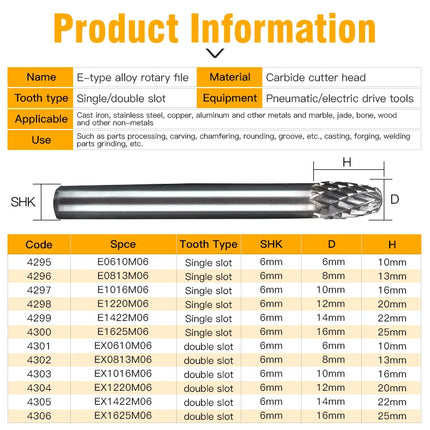 HUHAO E Rotary File Grinder Burr 6mm Shank Grinding Bit Head Carbide Steel Burr Drill Bit Grinding Metal Mould Power