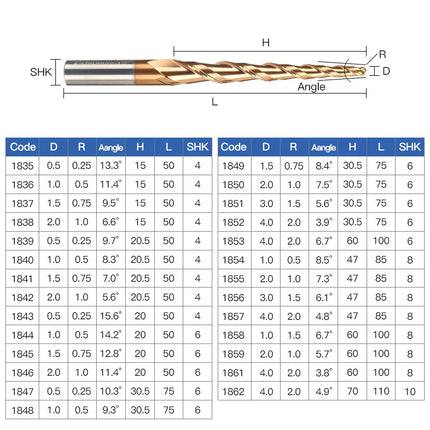 HUHAO 6mm Shank 2 Flutes Carbide Spiral Tapered Ball Nose End Mill HRC55 Router Bit for Metal Wood CNC 2D 3D Carving Bits Tools