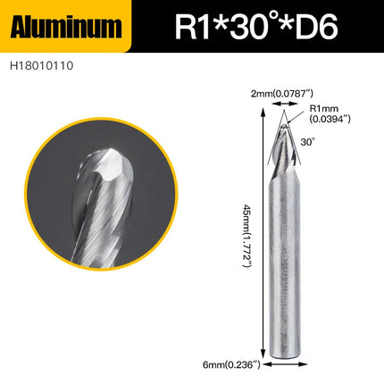 HUHAO 6mm Ball Nose Tapered End Mill Wood Solid Carbide Steel Milling Cutter for Woodworking Metal CNC Router Bit Engraving Tool