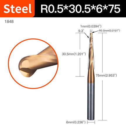 HUHAO 6mm Shank 2 Flutes Carbide Spiral Tapered Ball Nose End Mill HRC55 Router Bit for Metal Wood CNC 2D 3D Carving Bits Tools