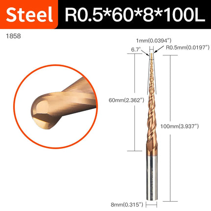 HUHAO 6mm Shank 2 Flutes Carbide Spiral Tapered Ball Nose End Mill HRC55 Router Bit for Metal Wood CNC 2D 3D Carving Bits Tools