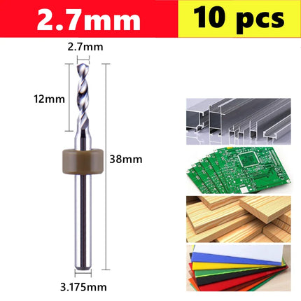 10pcs Carbide PCB micro drill bits 0.1-3.0mm, 3.175mm (1/8) shank for PCB drill bit kit for printed circuit board drilling