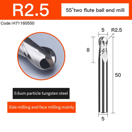 Carbide 2 Flute Ball Nose End Mill for Aluminum HRC55