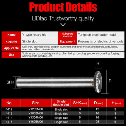 HUHAO Y Type Carbide Rotary File for Steel Grinding Head Milling Cutter Y Type 90 degree Disc 6mm Shank Single Groove Engraving Tool Burr