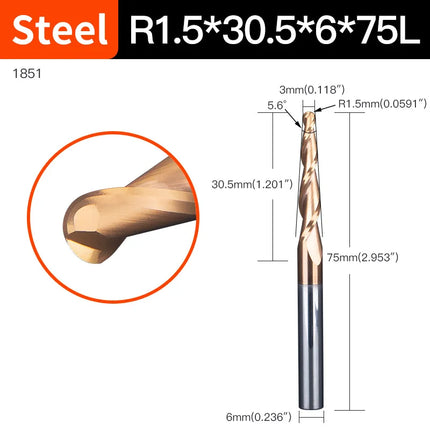 HUHAO 6mm Shank 2 Flutes Carbide Spiral Tapered Ball Nose End Mill HRC55 Router Bit for Metal Wood CNC 2D 3D Carving Bits Tools