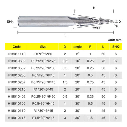 HUHAO 6mm Ball Nose Tapered End Mill Wood Solid Carbide Steel Milling Cutter for Woodworking Metal CNC Router Bit Engraving Tool